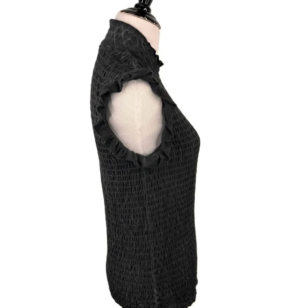 POL Black Ruffled Sleeves Mock Neck Textured Top Size Large